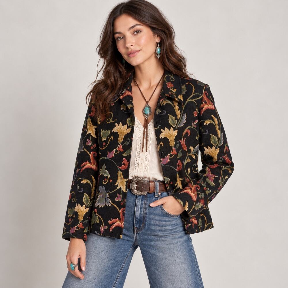 Title: Vintage 90s First Opinion Floral Tapestry Jacket Rayon Cotton Medium